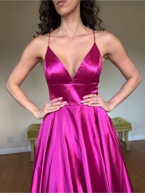 Sherri Hill Hot Pink Satin Strapless-Look Spaghetti Strap Gown